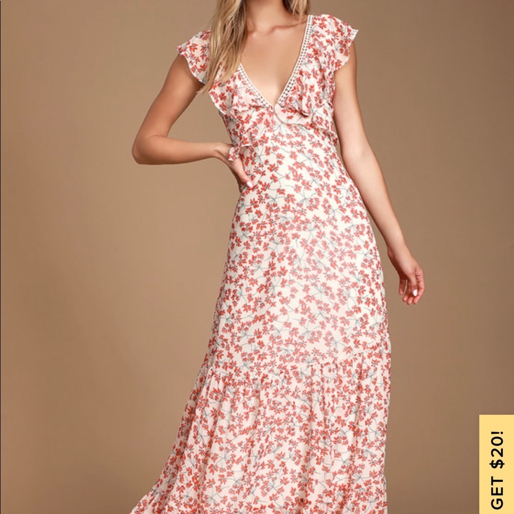 Lulus Chiffon Red & White Print Ruffled Maxi Dress